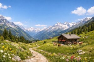 Alpine meadow and rustic hut