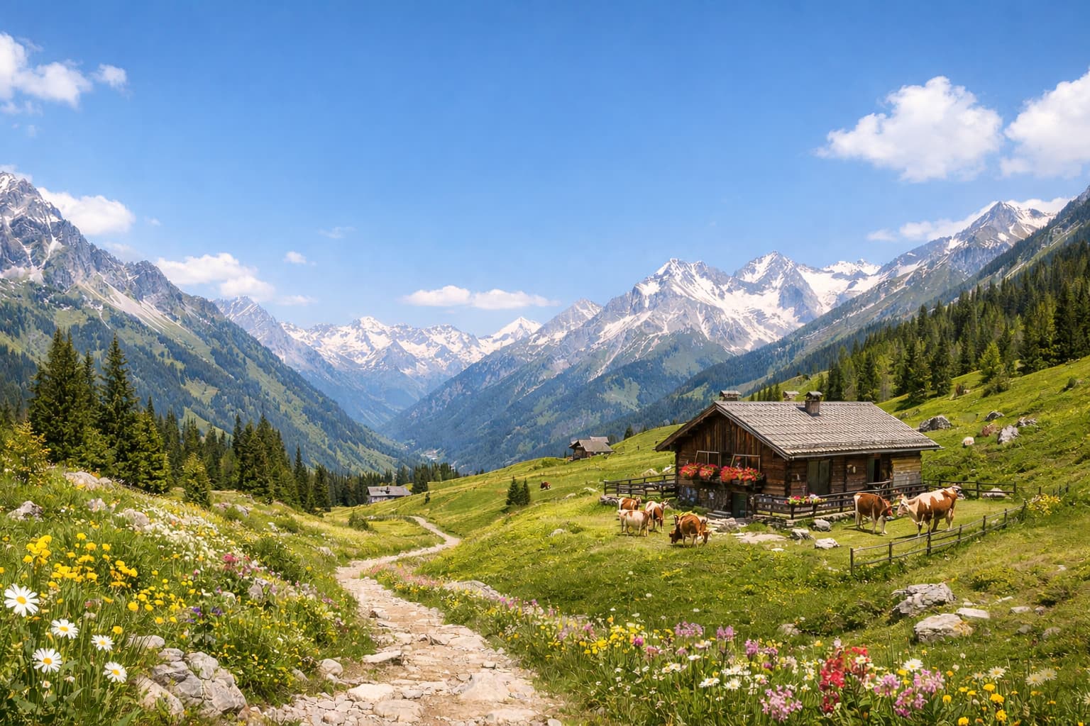 Alpine meadow and rustic hut